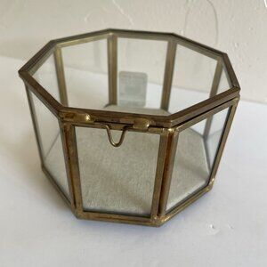 OCTAGONAL GLASS & BRASS CURIO TRINKET JEWELRY CONTAINER BOX, LIDDED WEST ELM NEW